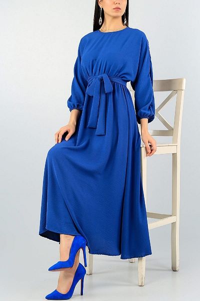 NKTCOLLECTİON Γυναικείο φόρεμα Mevlana με μπλε ελαστική μέση με ζώνη Atlas ύφασμα Md1-78657