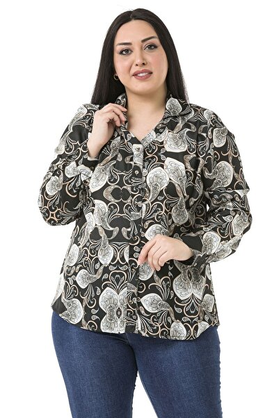 DISENTIS MODEST Büyük Beden Yaka Detaylı Şal Desen Saten Siyah Kadın Gömlek