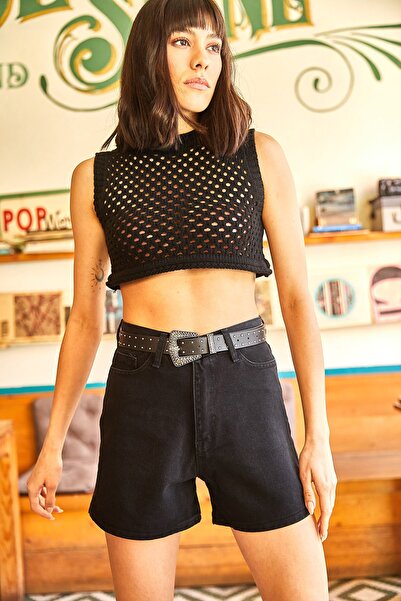 Olalook Dámské černé šortky Mom Džínové šortky s kapsami a vysokým pasem SHIRT-19000037