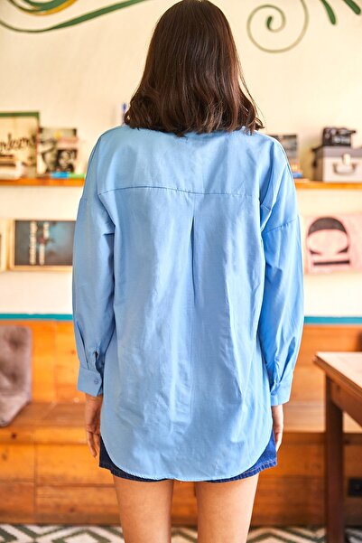 Olalook Women's Saks Blue Pocket Detailed Printed Woven Shirt GML-19000985