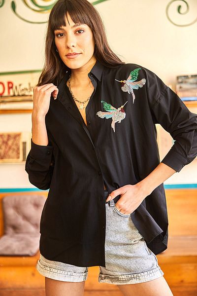 Olalook Women's Black Bird Sequin Detailed Woven Boyfriend Shirt GML-19000992