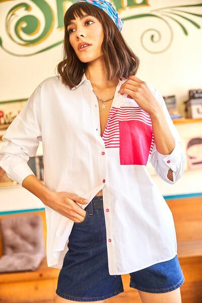 Olalook Kadın Beyaz-Fuşya Cep Detaylı Oversize Dokuma Gömlek GML-19000978
