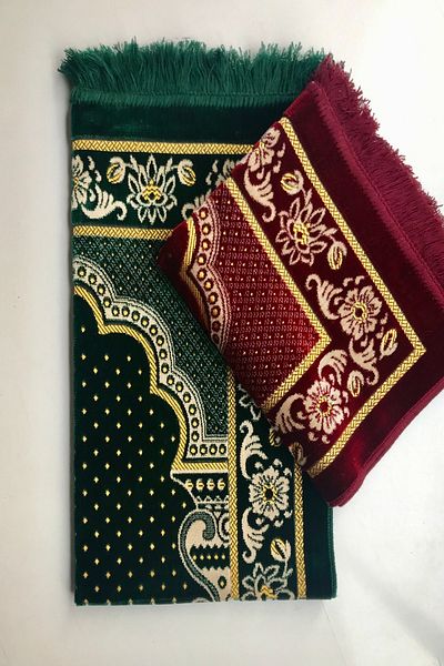 Kardelen Luxury Dodya Velvet Prayer Rug for Wedding, Engagement Bundles (Burgundy, Green), Rosary, Takke