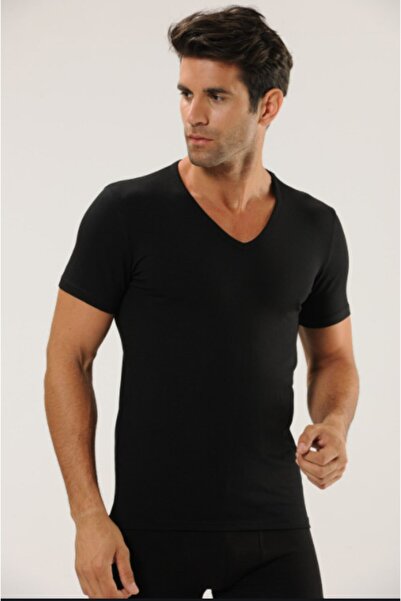 Tutku قميص داخلي رجالي مكون من قطعتين باللون الأسود مضلع برقبة على شكل حرف V