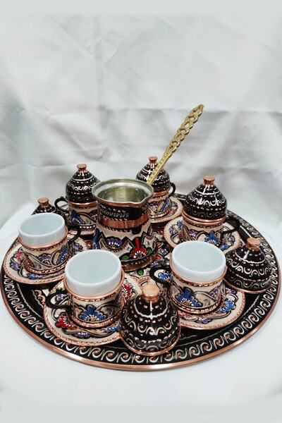 Miray hediyelik Enamel Embroidered Copper Coffee Pot Set of 6 Coffee Cups