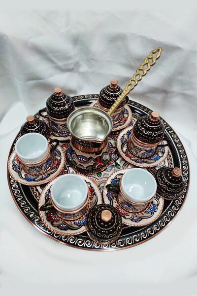 Miray hediyelik Enamel Embroidered Copper Coffee Pot Set of 6 Coffee Cups