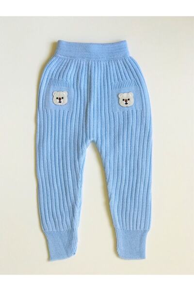 gogo bici Unısex Bebek Mavi Fitilli Ayılı Triko Tayt
