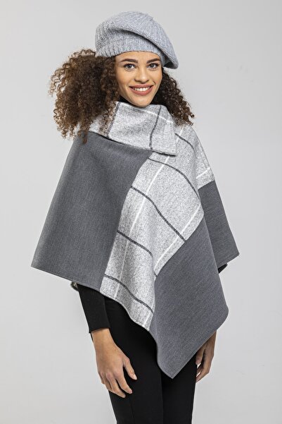 Pitti Women's Gray Plaid Garnished Poncho 70257