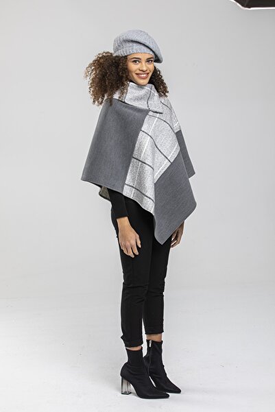 Pitti Women's Gray Plaid Garnished Poncho 70257