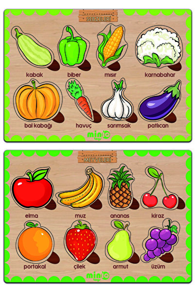 minİQ toys Wooden Turkish Vegetables and Fruits Set of 2 Educational Puzzle