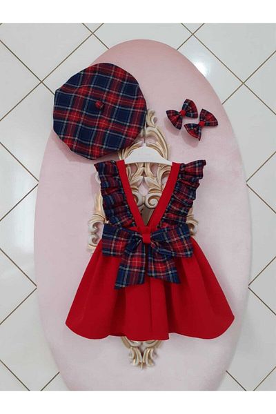 Eylülce Butik Baby Girl Red Plaid Ruffle Strap Salopet Set