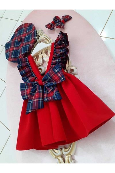Eylülce Butik Baby Girl Red Plaid Ruffle Strap Salopet Set
