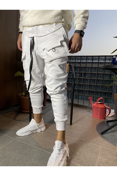 AUST GİYİM Pantaloni de sport Jogger cu buzunar alb pentru bărbați
