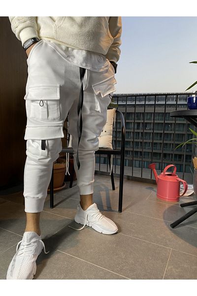 AUST GİYİM Pantaloni de sport Jogger cu buzunar alb pentru bărbați