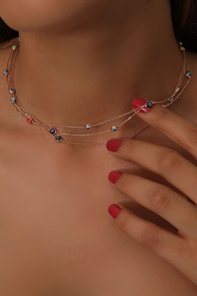 Bilsen Store 925 Ayar Gümüş Rose Kaplama 3 Zincirli Nazarlı Kolye