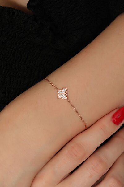Bilsen Store 925 Ayar Gümüş Rose Kaplama Beyaz Zirkon Taşlı Kelebek Bileklik
