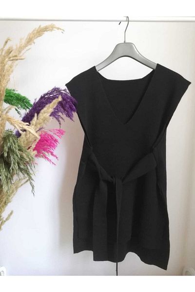 Derya Nergiz Women's Black V-Neck Belted Long Knitwear Sweater
