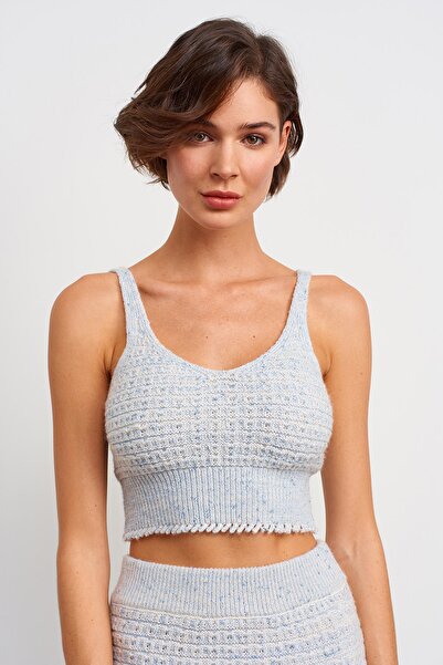 JOIN US Kadın Mavi V Yaka Askılı Simli Triko Top