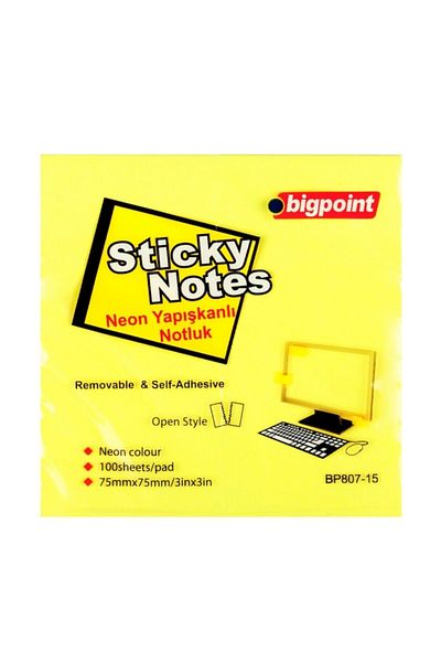 Bigpoint Neon Yellow 75x75mm Adhesive Note Paper - Pack of 12