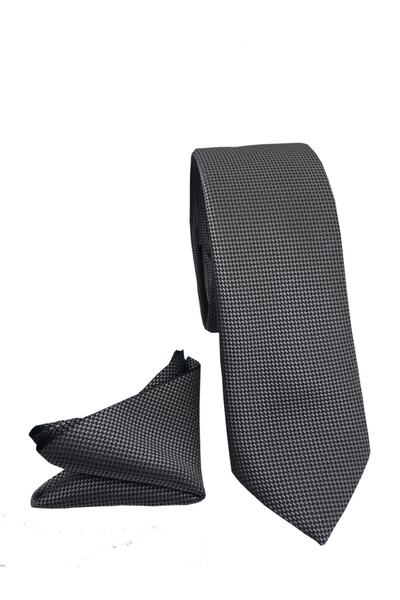 TUFAN KRAVAT ربطة عنق رفيعة من القماش الرمادي / المنسوج - مع منديل