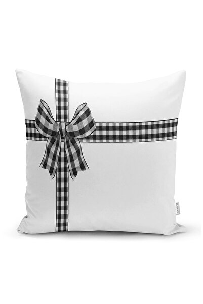 Realhomes غطاء وسادة من جلد الغزال الحديث مع نمط فيونكة أسود منقوش على خلفية ...