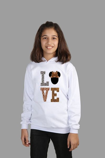 Raf Coll Hanorac alb cu glugă pentru copii Love Digital Printed Two Thread Inside Ribbon