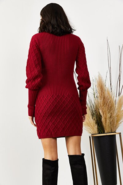 Olalook Női bordó ujjú és szoknyás texturált kötöttáru ruha ELB-19001302