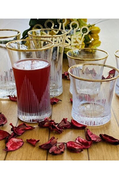 Paşabahçe Gold Gold Gilded Embroidered 12 Piece Water Soft Drink Glass