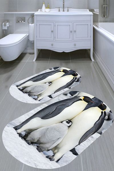 MODANOİVA سجادة حمام منقوشة من Penguin Family مكونة من قطعتين (50x60 - 60x100)