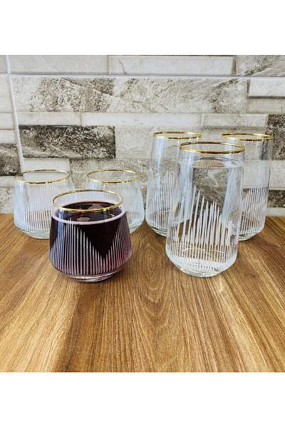Paşabahçe Gold Gilded Embroidered Lava Water Soft Drink Glass 12 Pieces