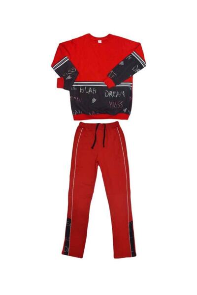 Pafim Girl's Red Patterned Tracksuit Set