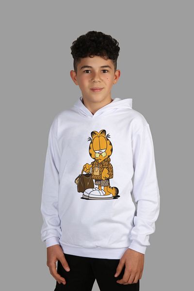 Raf Coll Hanorac cu glugă cu imprimeu digital Garfield alb pentru copii