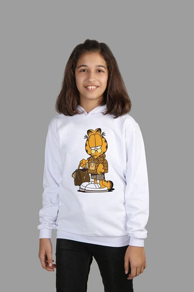 Raf Coll Hanorac cu glugă cu imprimeu digital Garfield alb pentru copii