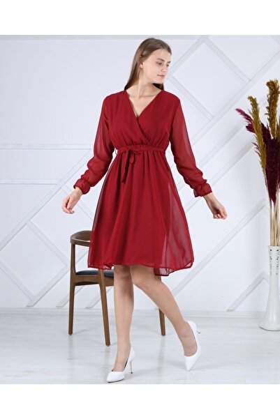 Apple Cix فستان نسائي من الشيفون العادي بأكمام قصيرة ورباط باللون العنابي