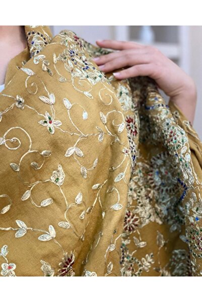 Dervişan İpekçilik Hardal Rengi Gümüş Işleme Şal