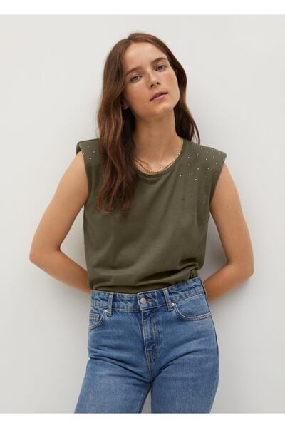 MANGO Woman Γυναικείο T-Shirt Χακί Χρώμα Κρυστάλλινο Απλικέ 77024010