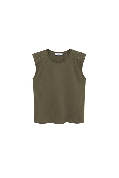 MANGO Woman Γυναικείο T-Shirt Χακί Χρώμα Κρυστάλλινο Απλικέ 77024010