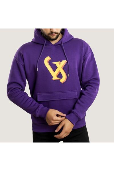 WELLHS Erkek Mor Sarı Logo Baskılı Oversize Sweatshirt