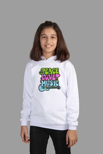 Raf Coll Hanorac alb cu glugă pentru copii Peace Love Music Imprimat digital cu două fire în interior