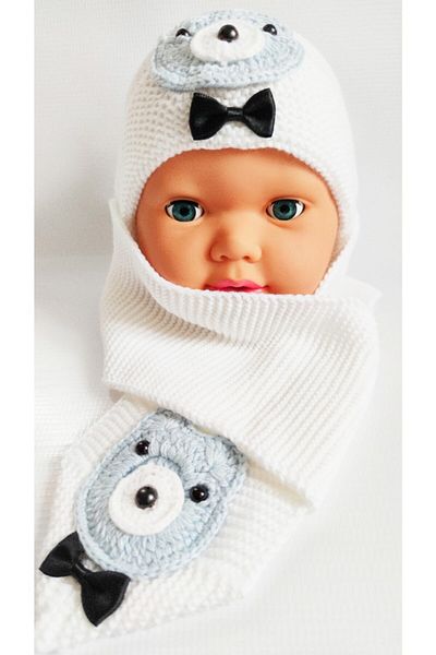 Bebekmağazam Baby Boy White Knitwear Scarf Beanie Set