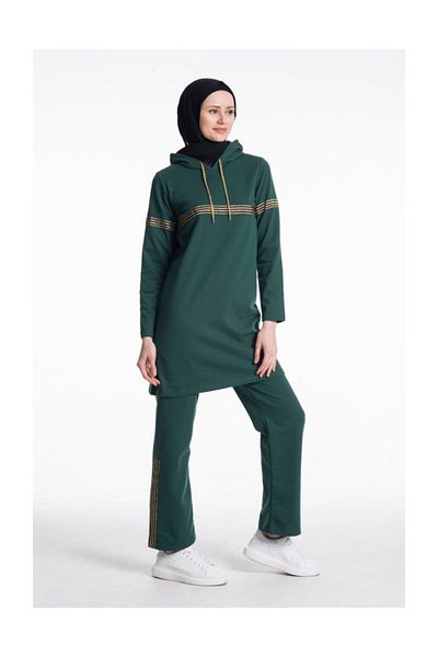 CNG MODA Women's Nefti Green Hooded Glitter Stripe Tracksuit