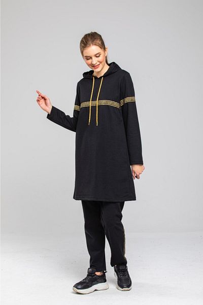 CNG MODA Women's Glitter Striped Black Hooded Tracksuit Set