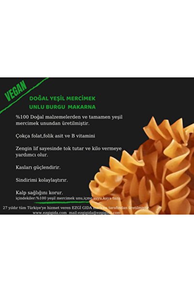 Ezgi Vegan Yeşil Mercimek Unlu Çubuk Erişte 350 G X 2'li Set