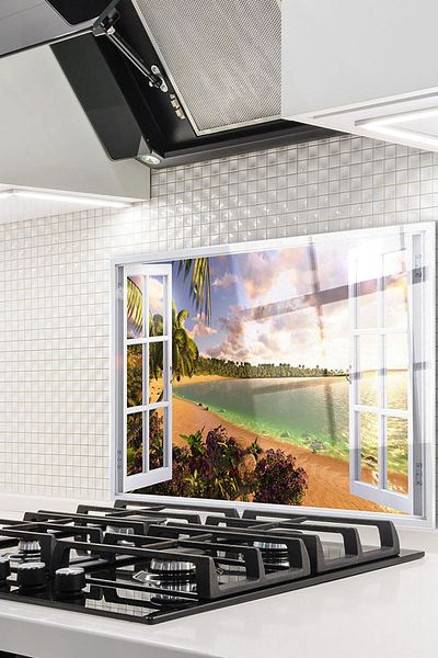 Olinpa 76X49,5 cm Glass Stove Back Protector - Countertop and Built-In Back Protector |   Window and Sea