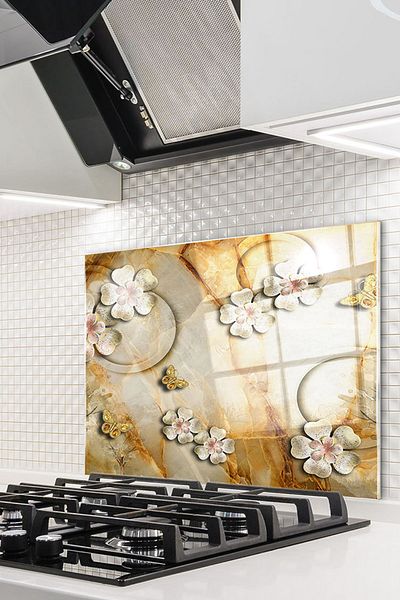 Olinpa 60X52 cm Glass Stove Back Protector Countertop Built-In Back Protector |   Flower
