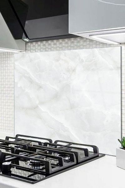 Olinpa 76X49,5 cm White Marble - Glass Stove, Countertop and Built-In Back Protector