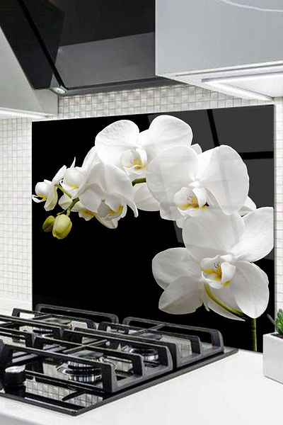 Olinpa Orkide 76X49,5 cm Glass Stove Protective Countertop - Built-In Back