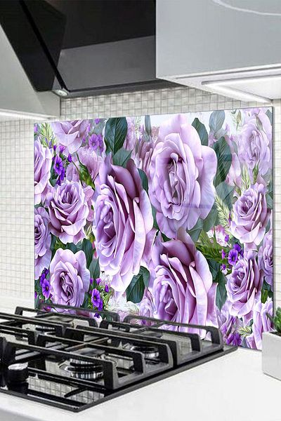 Olinpa 50X50 cm Glass Stove Back Protector - Countertop Built-In, Floral Pattern