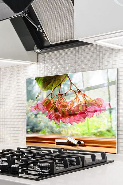 Olinpa 60X52 cm Glass Stove Back Protector Countertop Built-In Back Protector |   Window and Flowers