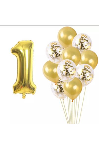 Deniz Party Store 1 Year Old Gold Confetti Transparent Balloon Set